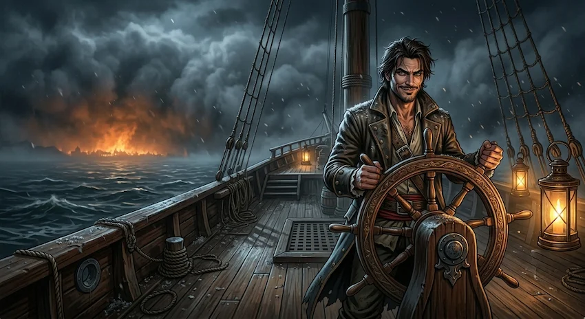 Ash falls on the wooden deck of the Regal Dawn as it sails into a thick, ominous fog over the dark ocean.