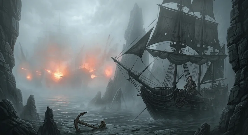 Fog obscuring a sleek imperial cutter guided by Lucian as orange flashes of cannon fire erupt in the misty background.