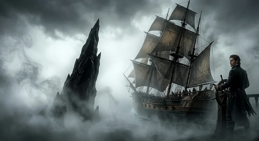 Fog surrounds the wooden ship Regal Dawn as it sails blindly into the dangerous unknown waters in complete darkness.