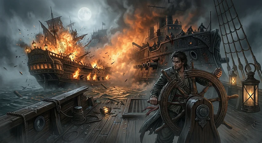 Gunpowder smoke fills the air as a terrifying black ironclad pirate hunter ship emerges from thick fog to board a shattered imperial galleon.