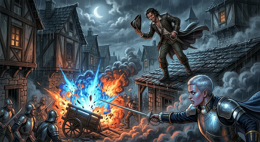 The Alleyway Illusion depicts Lucian maneuvering through the dark, narrow streets to outwit his pursuers.