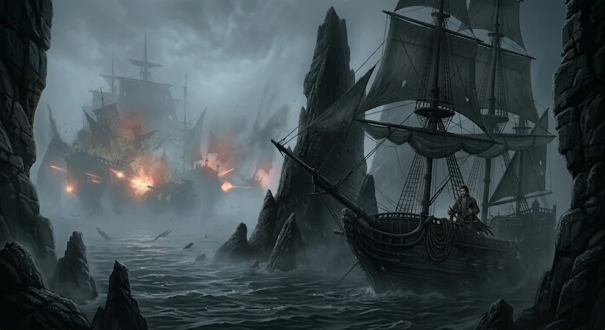 Mist swirling around a dark clipper navigating treacherous reefs while distant cannons flash in the heavy fog.