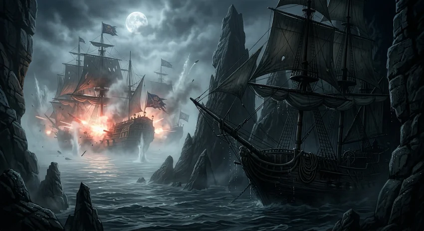 Mist covers the dark ocean where Imperial galleons fire blindly into the fog at each other, while a pirate ship hides in the shadows of jagged rocks.