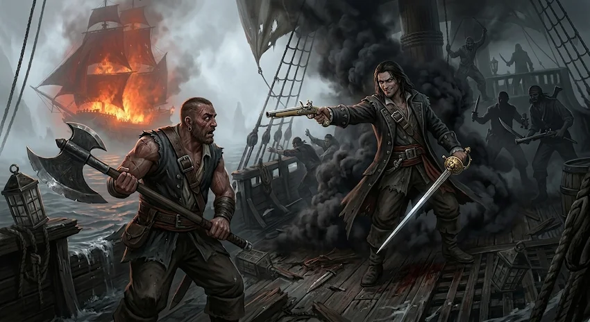 mist covering the deck of a slanted ship where a cunning pirate with a pistol ambushes a hulking hunter.