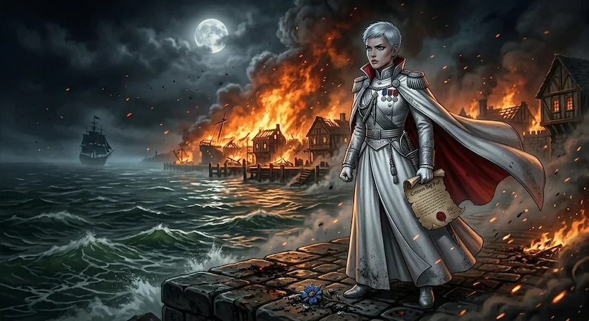 Parchment being crushed in the fist of Valeria, standing in her white uniform on a scorched pier under falling ash, staring at the sea.