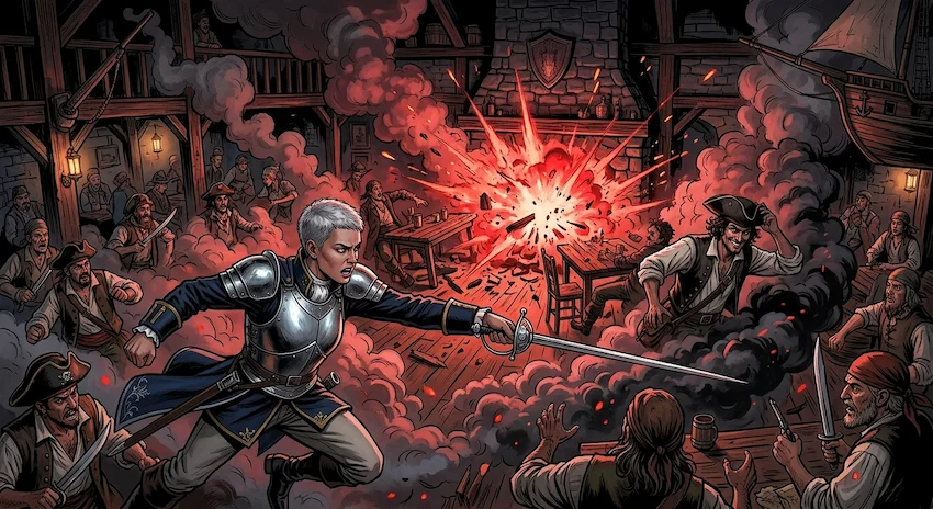 The Ash-Scented Farewell, Lucian, a rogue aristocrat, faces off against Commander Valeria inside the Rusty Cutlass tavern in Crimson Bay.