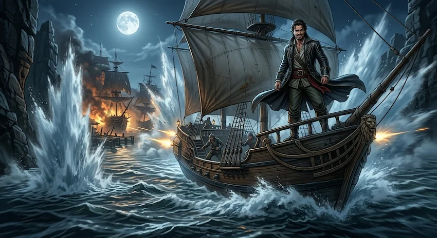 Regal Dawn ship maneuvering through treacherous rocky waters at night while under heavy cannon fire.