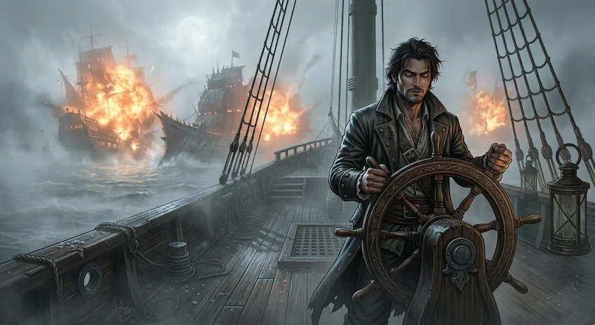 Silence shrouds a dark cutter navigating jagged reefs in a dense white fog.