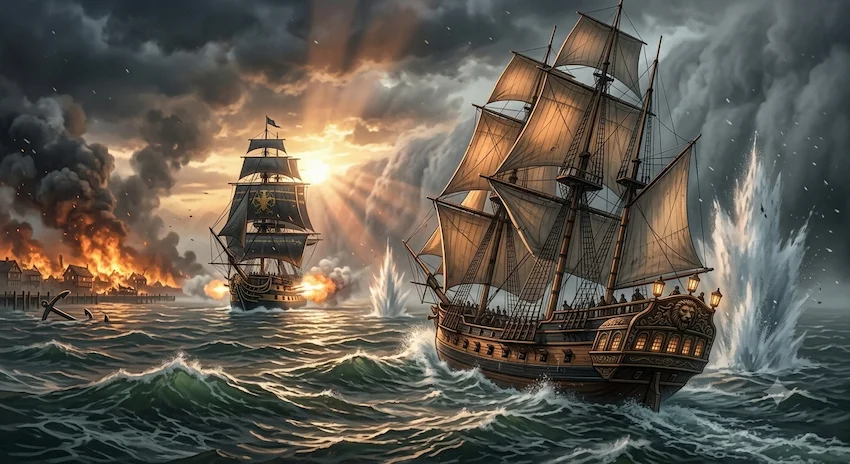 Silent Fog swallows the Regal Dawn as it desperately flees a massive Imperial flagship firing cannons on a turbulent ocean.