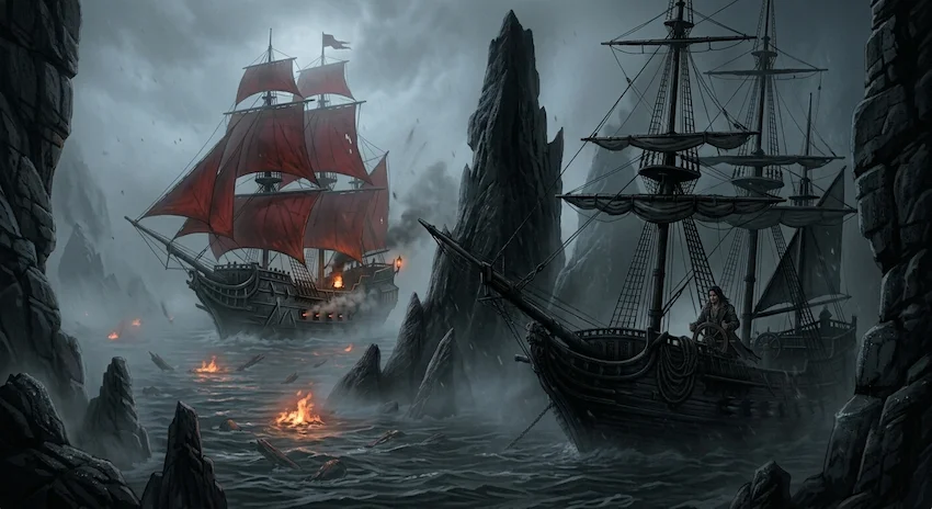 Survival depends on navigating the thick fog as a dark clipper evades a heavily armored pirate hunter ship.