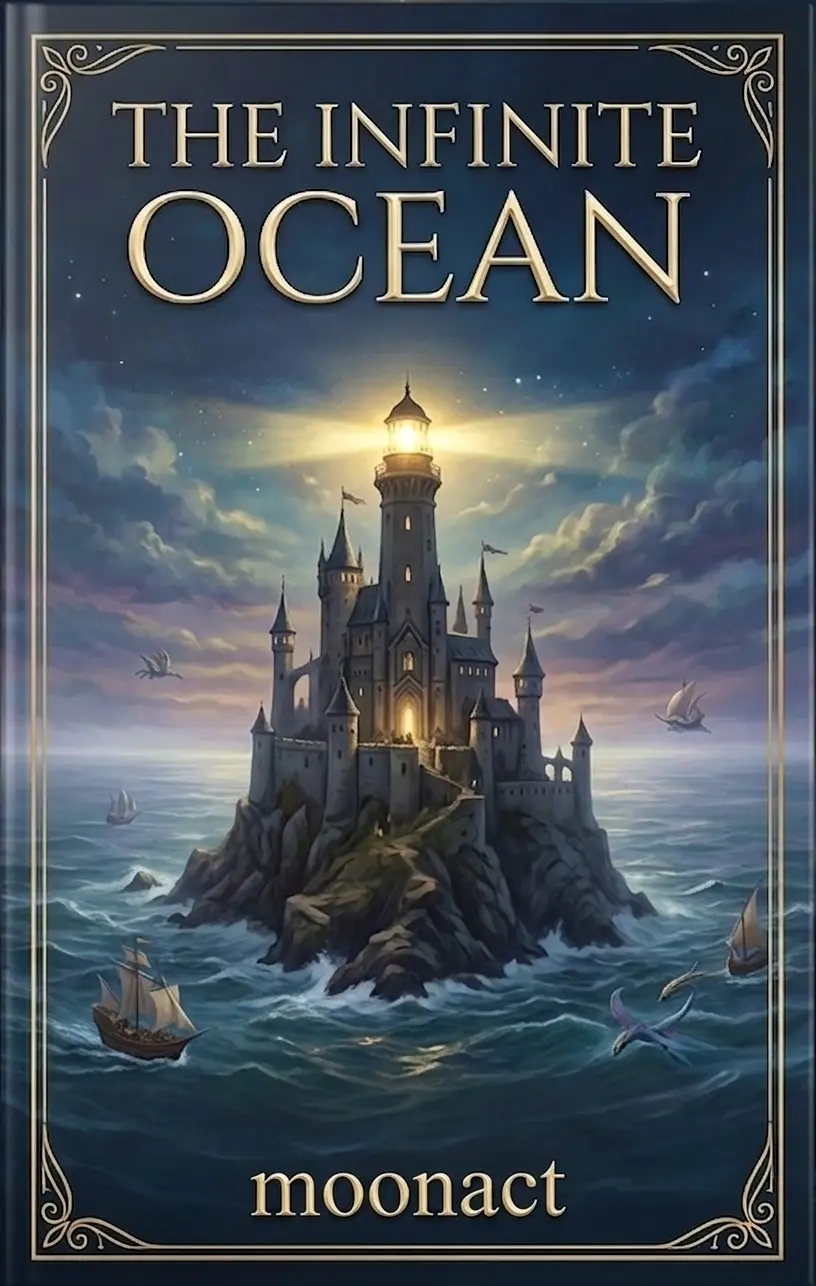 Hardcover book cover design for the fantasy novel The Infinite Ocean, written by moonact, featuring a castle on a rocky island in the middle of a vast ocean.