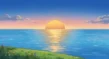 Ghibli style sunset view over the infinite ocean, artistic horizon