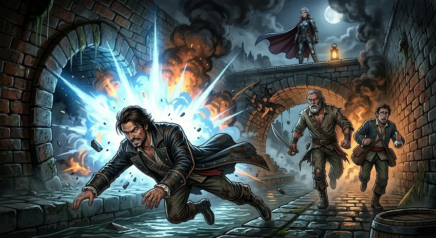 tunnels collapsing as Lucian's crew escapes an imperial ambush in Crimson Bay. Caption: The trap is sprung at the West Channel.