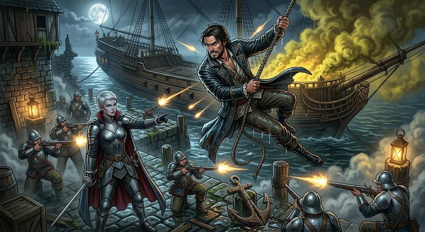 water drips from Lucian as he stealthily boards the heavily guarded Imperial ship. Caption: The heist of the Regal Dawn begins.