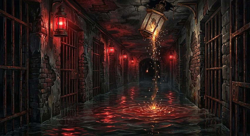 Alarm lights reflecting in a flooded, dark stone prison corridor with rusted iron bars and crumbling walls.
