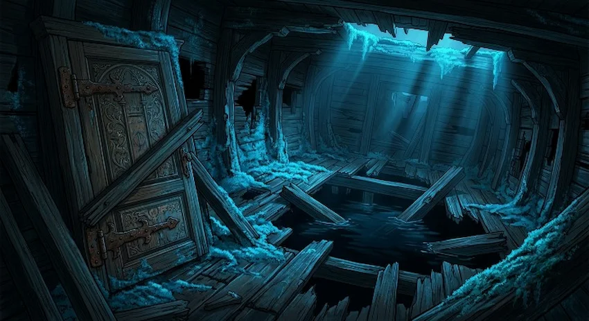 Ancient galleon interior tilted at an angle with rotting wood, glowing blue moss, and freezing black water rising from the lower decks in a dark, claustrophobic atmosphere.