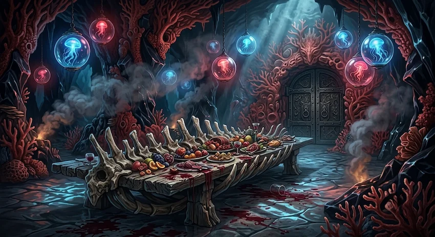 banquet hall inside a giant coral cavern with bioluminescent lighting, empty tables laden with gold and rotting feasts.
