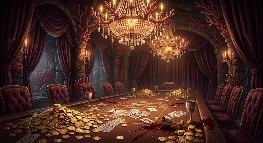 banquet table covered in gold coins and playing cards inside a crimson coral fortress illuminated by glowing chandeliers