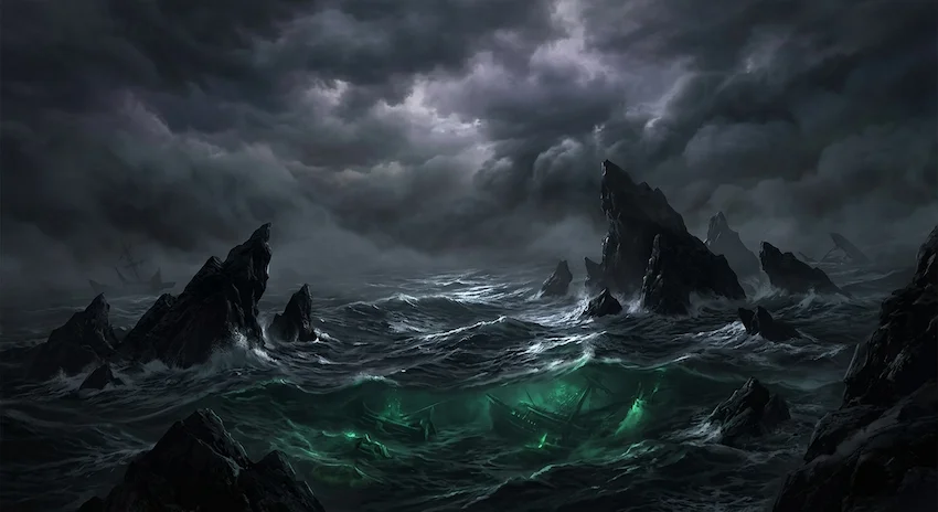 Black Mist rolling over a dark ocean with jagged rocks and glowing green bioluminescence beneath the waves.