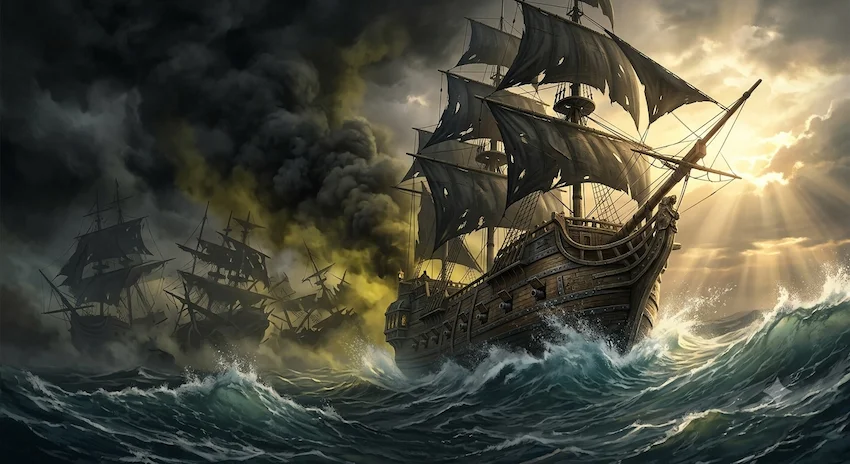 Black Mist boiling around an ancient pirate galleon surfing a colossal rogue wave away from a shattered naval blockade.