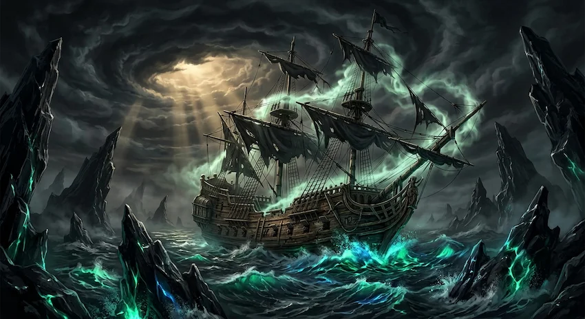 Black Mist swirling around a galleon navigating deadly jagged reefs in a dark churning ocean.