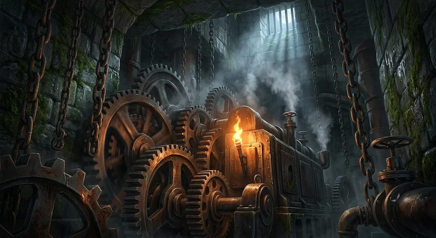 Blood-stained damp stone walls leading to a massive underground steampunk gear room with giant iron teeth and chains.
