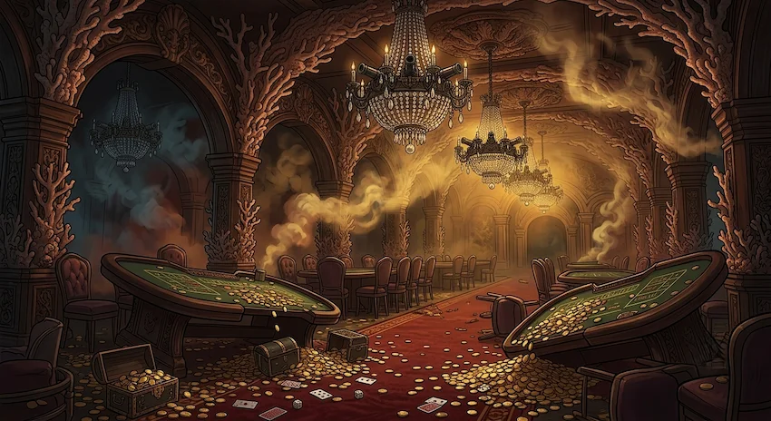 casino halls bathed in golden light, featuring intricate coral pillars, crystal chandeliers, and overturned card tables.