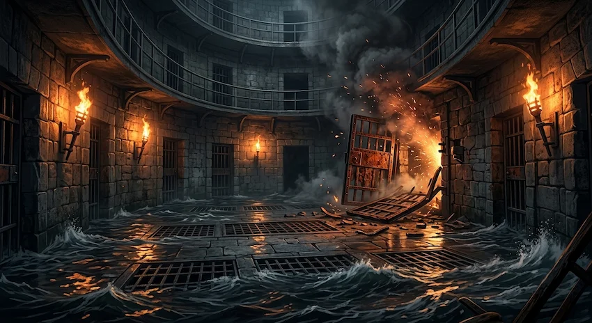 Cellblock interior showing a massive, rusted iron door blown off its hinges with smoke, sparks, and rising seawater reflecting torchlight.
