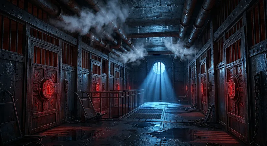 Controlroom secured, showing the damp, dark iron corridor of the Leviathan's Cage with glowing runic locks and rusted bars.