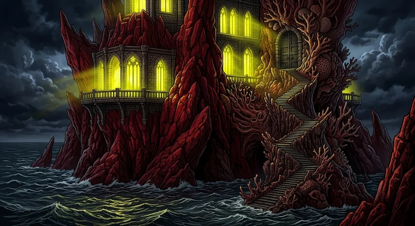 A stolen cutter's destination, a massive red coral fortress glowing with eerie yellow light against a dark ocean night, hyper-realistic.