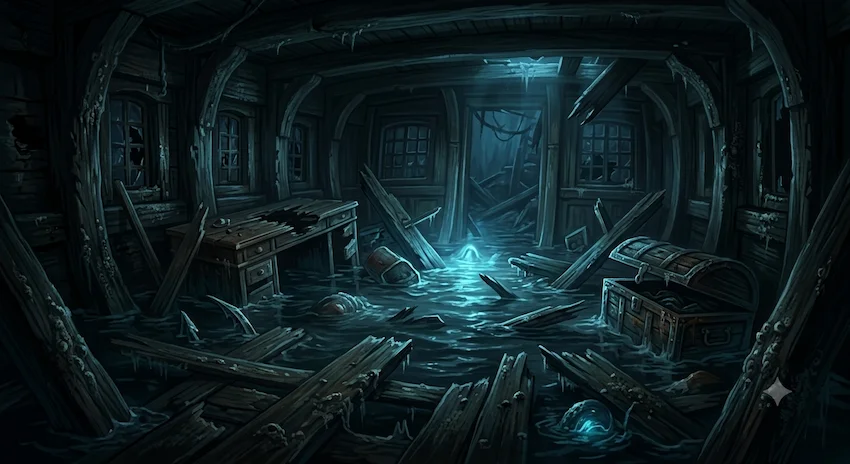 darkness of the ancient flooded captain's cabin, frozen wood, rising water, cinematic lighting, no people