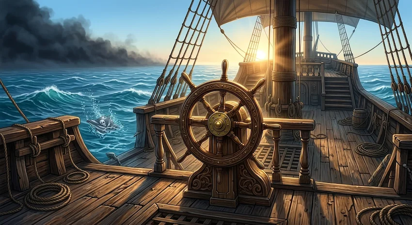 Dawn breaking over the empty deck of a pirate galleon, golden sunlight illuminating the wooden helm and the vast ocean horizon.
