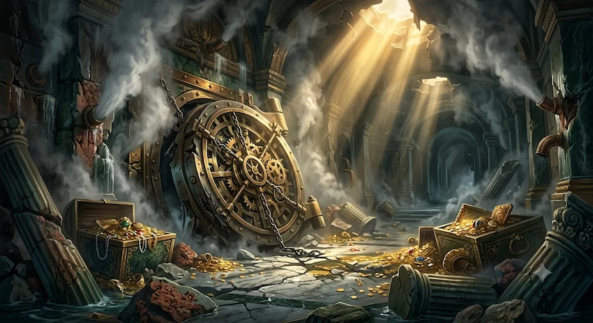 Debris falling inside a destroyed opulent vault filled with steam, scattered gold, and broken marble columns.