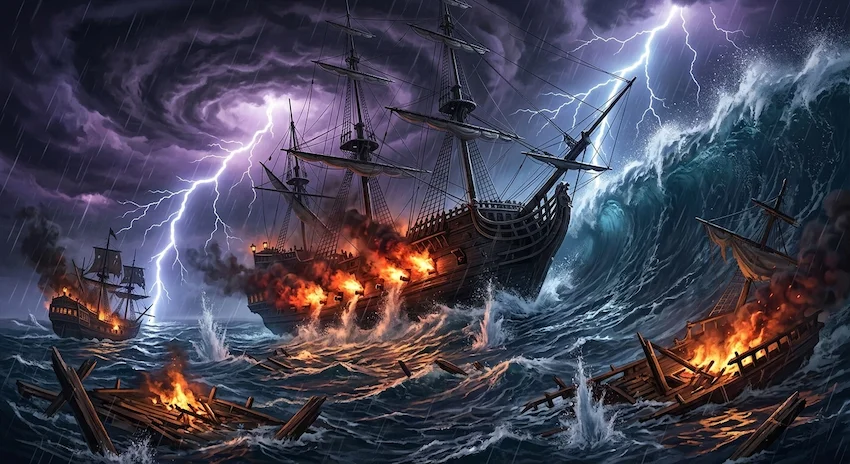Devil's Maw towering over a dark oak galleon crashing through monolithic waves amidst explosive cannon fire.