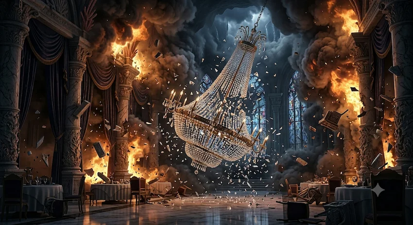 Explosion tearing through a grand banquet hall with falling crystal chandelier and thick smoke.