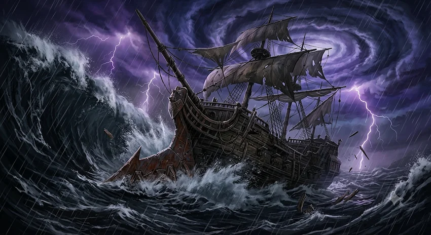 flagship tearing through violent storm waves surrounded by burning ship wreckage under dark skies.