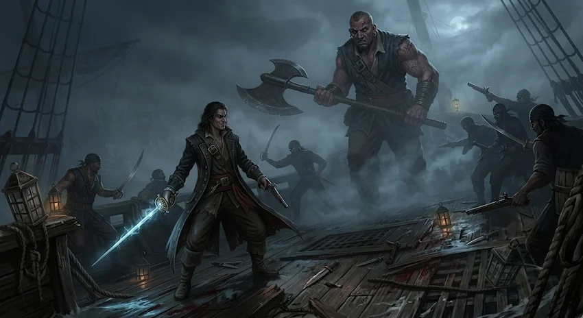 Fog obscures the sinking imperial clipper as Lucian waits in the shadows to ambush Draco's boarding party.