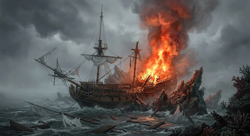 Fog blankets the shattered cruiser on the coral reef as a massive explosion erupts in the dark sea.