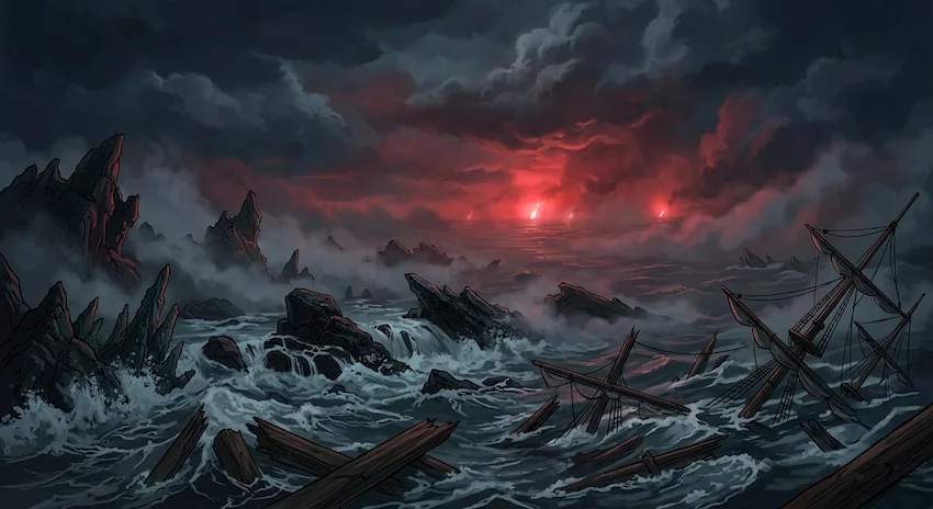 Fog covers jagged black reefs in a dark churning ocean under a moonless night sky with wooden wreckage.