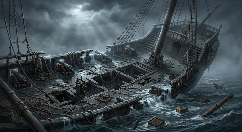 Fog blankets the tilting deck of a shattered wooden vessel sinking into dark, foaming ocean waves under faint moonlight.
