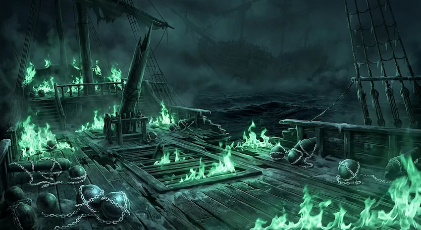 Frost covered wooden deck of a shattered galleon engulfed in eerie cold green supernatural flames and dark mist.