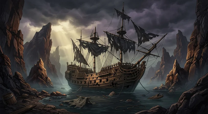 Galleon with battle damage anchored in a dark, misty cove surrounded by jagged, towering rusted rocks under an eerie sky.