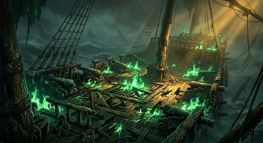 Green fire melting the wooden deck of a shattered galleon in thick fog.