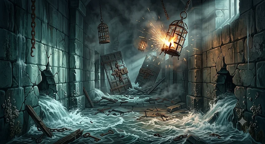 Gunpowder smoke fills a crumbling stone prison corridor as saltwater rushes through the cracked walls and broken iron doors.