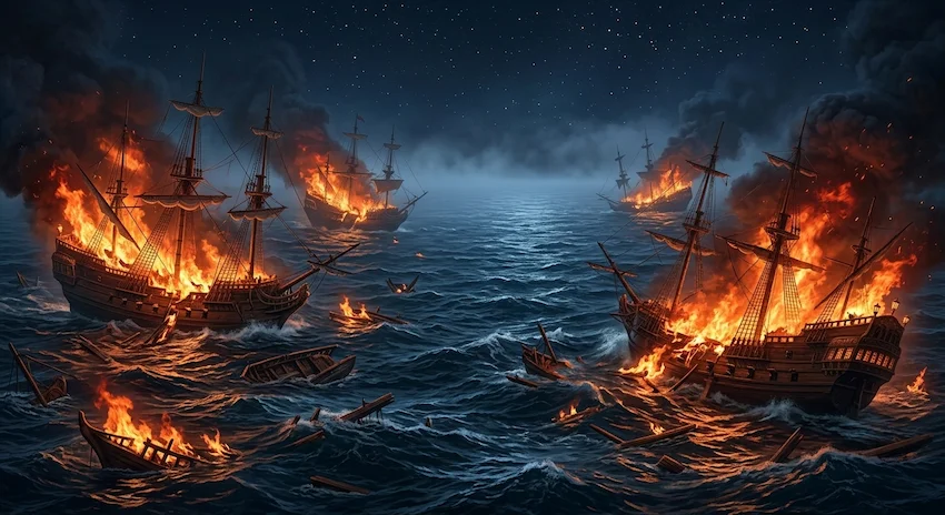 horizon covered in the fiery wreckage of a defeated pirate armada sinking into the dark ocean waves.