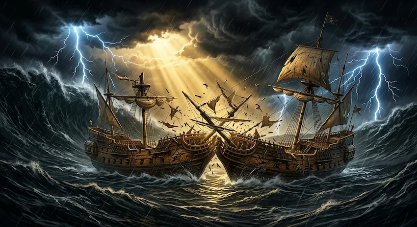 Hurricane tearing through the dark ocean as two massive wooden galleon ships violently crash into each other under jagged lightning.