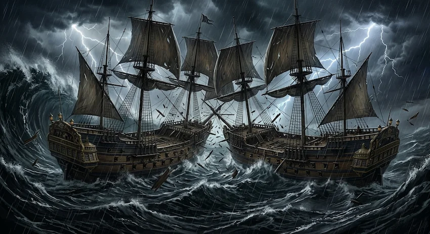 Hurricane winds tearing through the rigging of two massive galleons colliding in a dark, stormy sea.