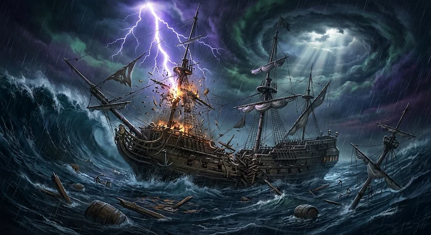 Hurricane winds and lightning tear through two massive galleons locked in a brutal sea battle amidst giant waves.