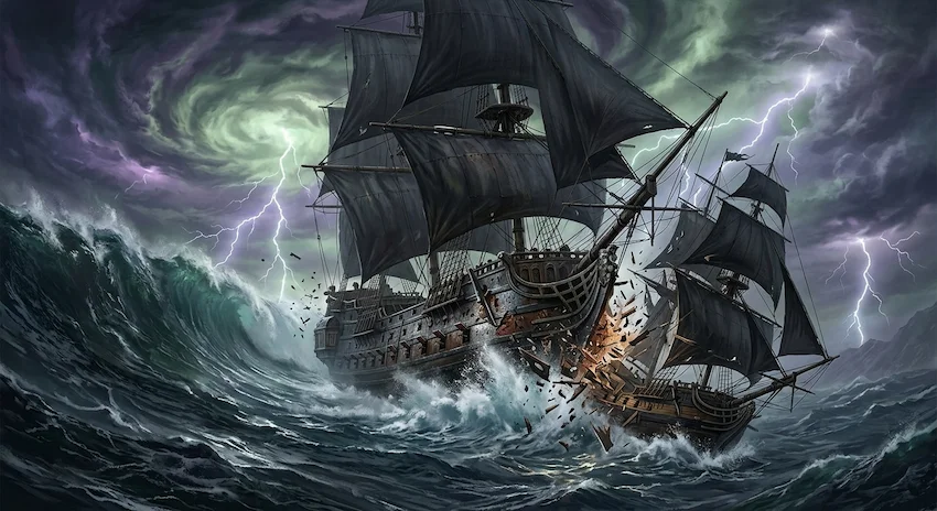 Hurricane tearing through a dark ocean, illuminating a battered iron-clad galleon violently smashing into a smaller pirate ship on a massive wave.