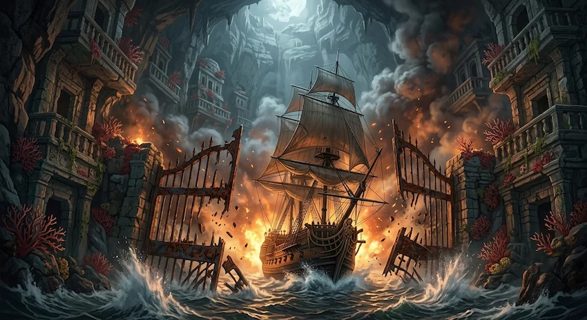iron-gate bursting open as a massive ancient galleon ship rams through under heavy fire and explosions in a dark cavern dock.